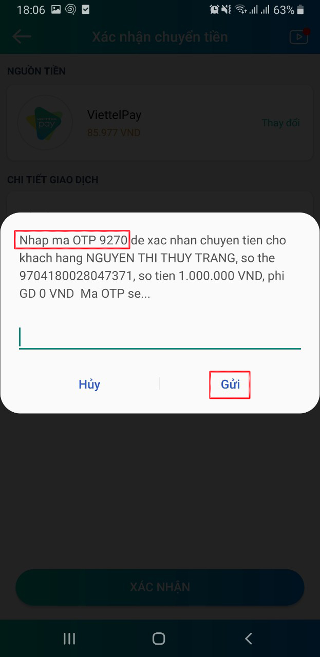 Nhập OTP để xác nhận chuyển tiền đến số thẻ ATM